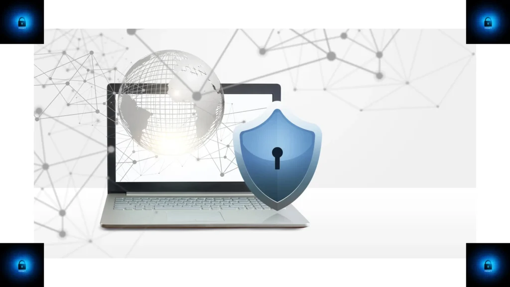 A laptop with digital connections and lock depicting protection from digital scam for a freelancer